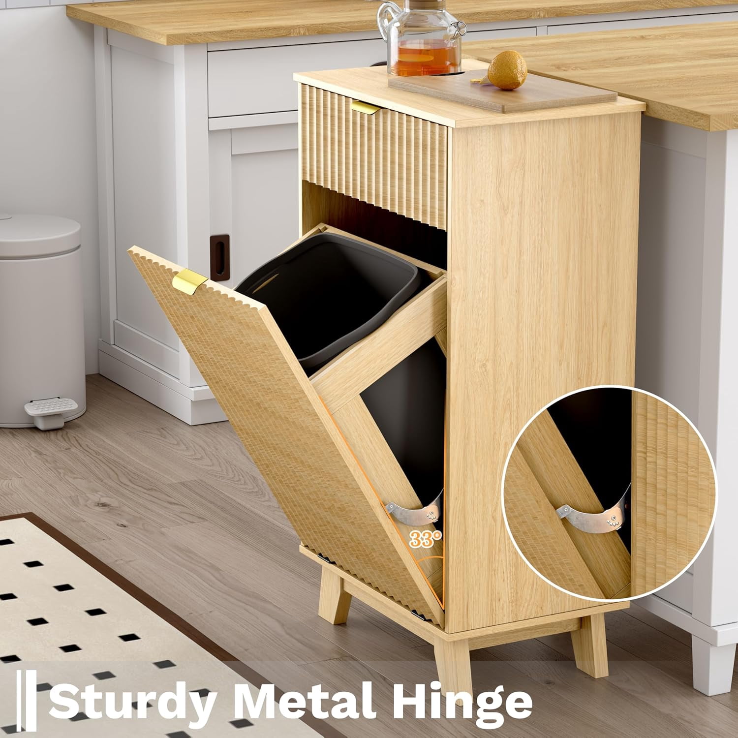 FANRAL Single Tilt Out Laundry Hamper Cabinet,10 Gallon Wooden Hidden Storage Cabinet,Fluted Trash Can for Bathroom Kitchen Living Room,Natural Oak Laundry Basket Cabinet