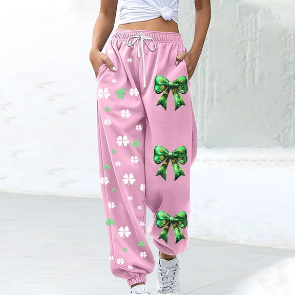 ClodeEU Women's St. Patrick's Day Print Elastic Waist Drawstring Joggers With Pockets，Casual Loose Pant Pink,Womens Plus XXL