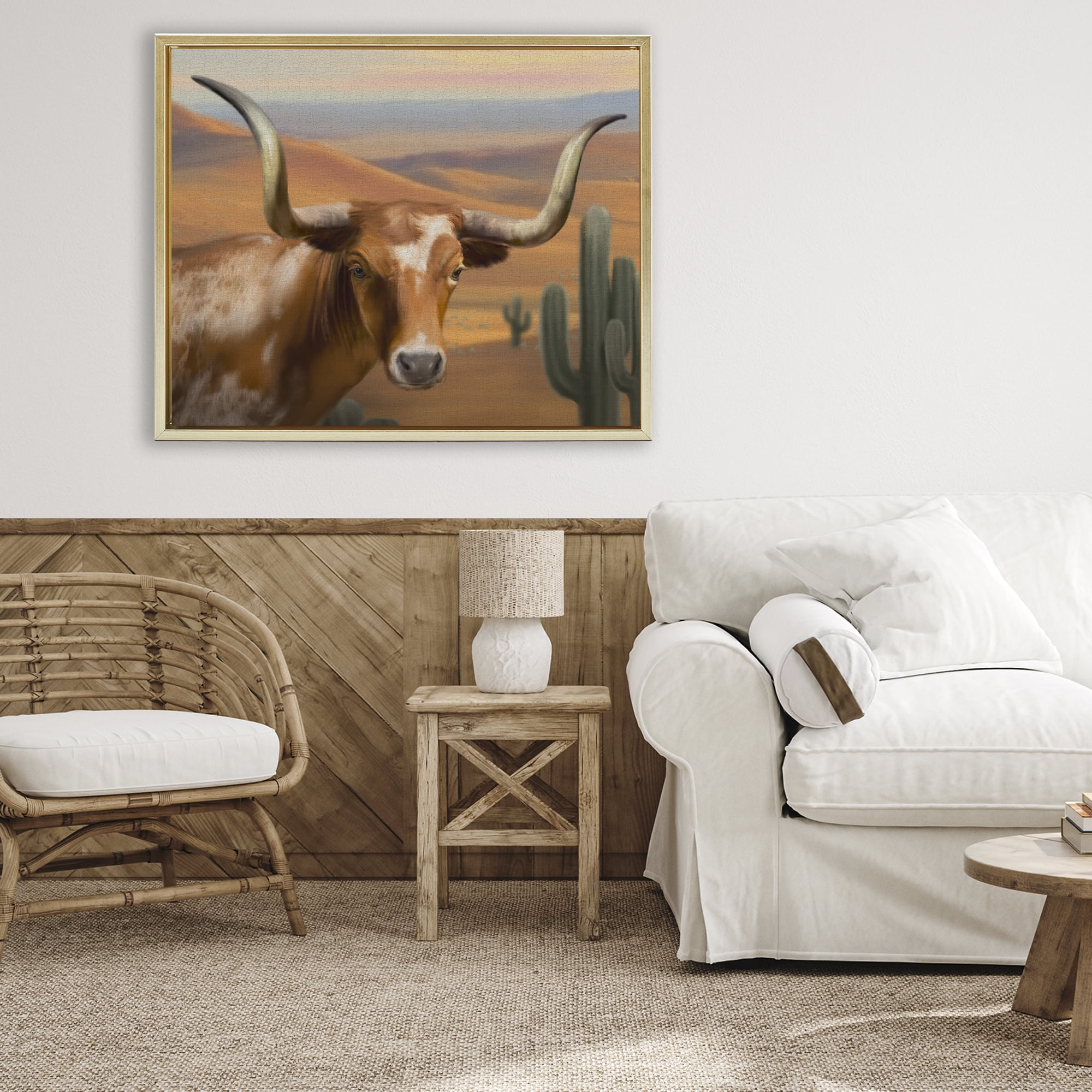 Stupell Industries Longhorn Western Landscape Gold Framed Floater Canvas Wall Art, design by Matthew Piotrowicz