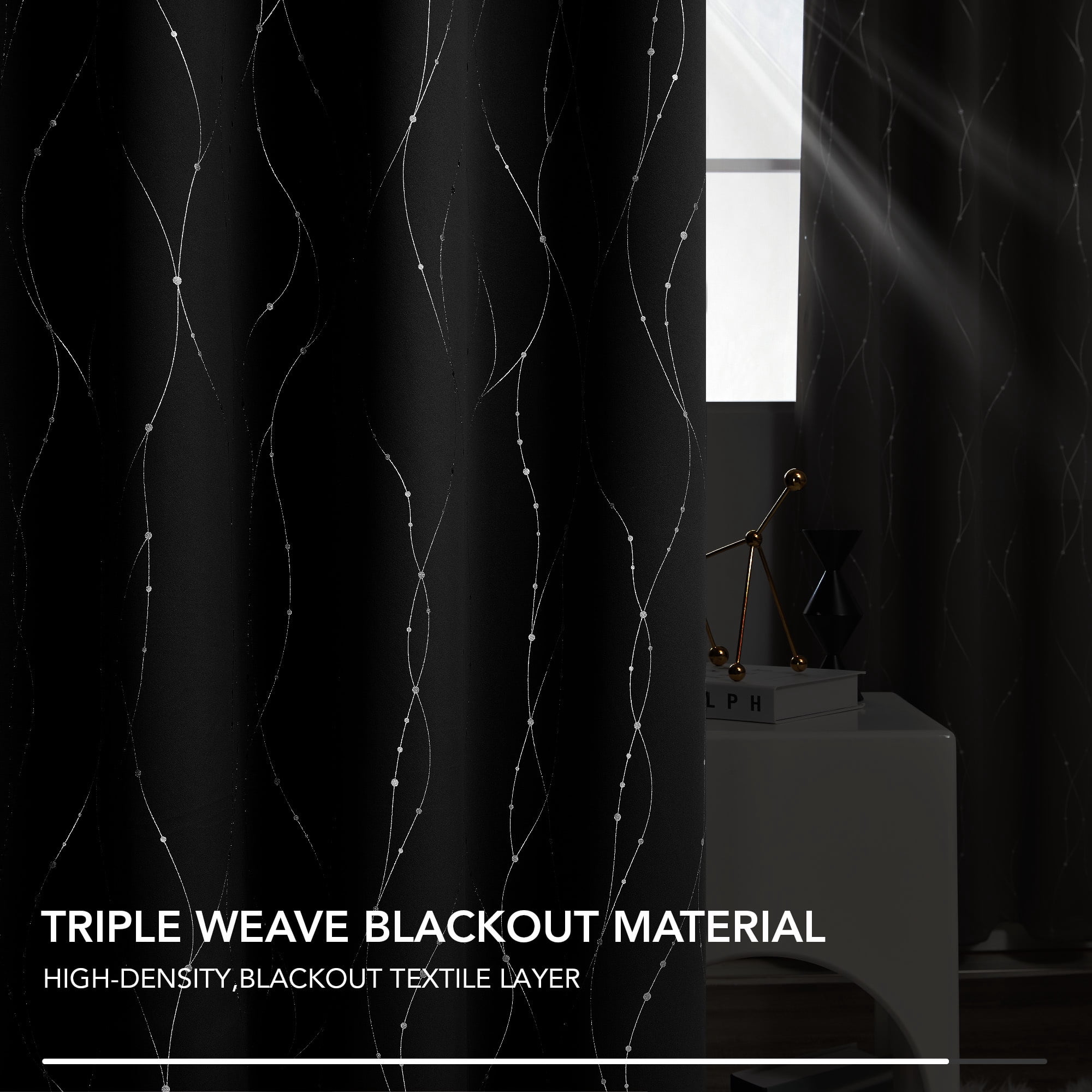 Deconovo Black 42 x 63 inch Blackout Curtains Wave Line Foil Printed Drapes for Bedoom, 2 Panels