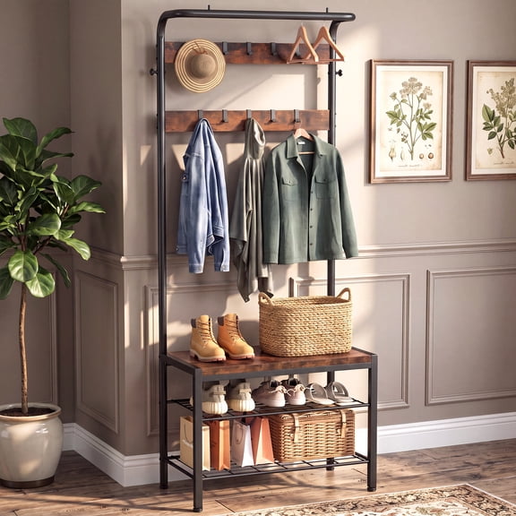 edx 4-in-1 Coat Rack with Shoe Bench and Hall Tree, entryway bench with 10 Removable Coat Hooks, Sturdy Steel & Wood Entryway Organizer, Anti-Tip Design, Rustic