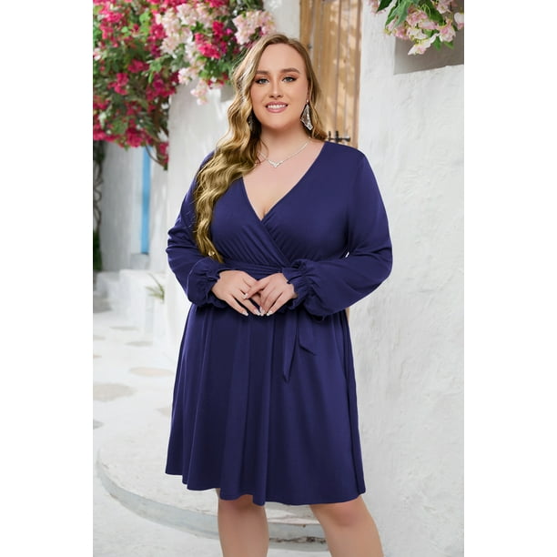 Vestido Midi plisado con volantes para mujer, traje de manga larga con cuello en V, holgado e informal, talla grande, Otoño, 2023