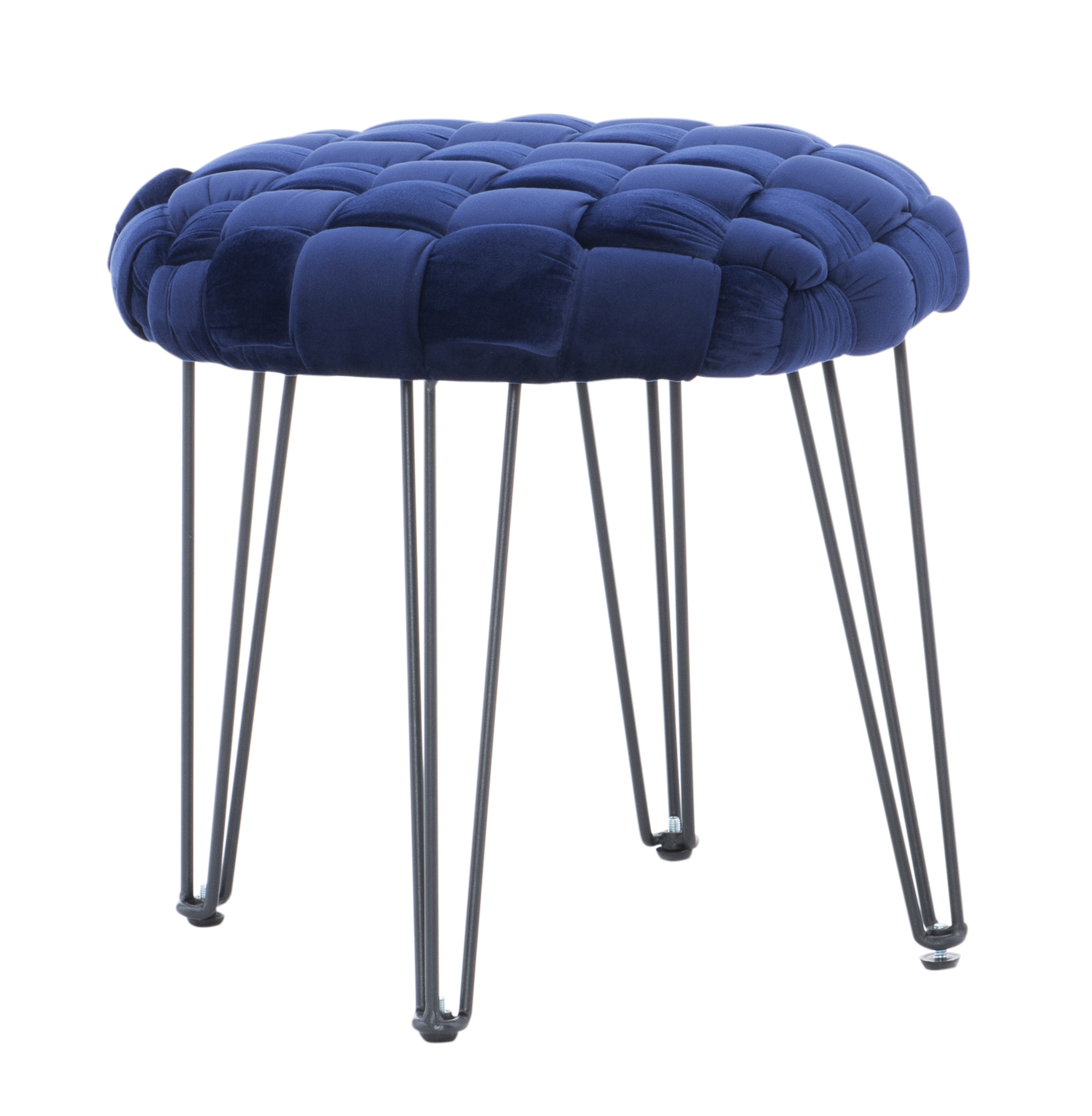 Powell Anya Round Handwoven Velvet Ottoman with Hairpin Legs, Navy