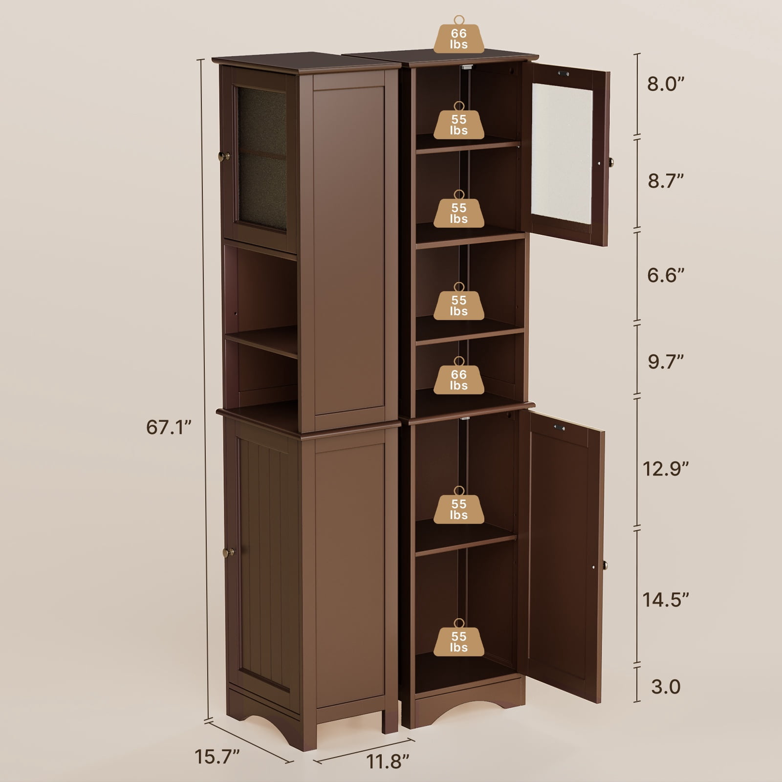 Asofer Tall Bathroom Cabinet, Storage Cabinet with Two-Way Doors, Freestanding Linen Tower, Anti-Tip, Dark Brown
