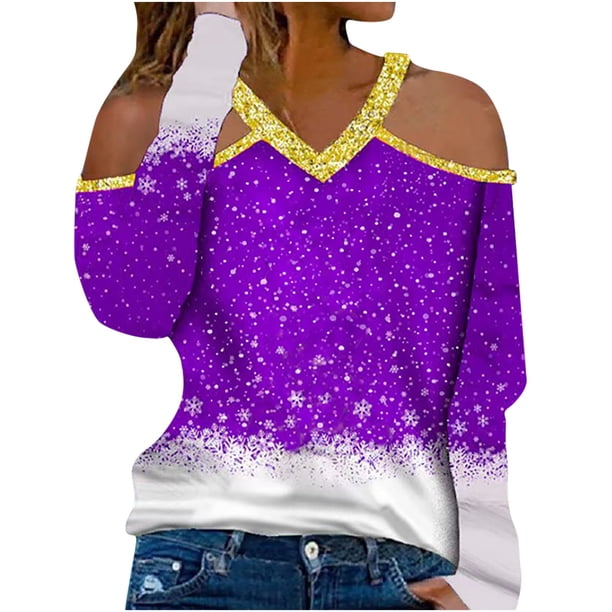 Blusa informal Pompotops gfhjh20401 de manga larga con estampado de Navidad y cuello en V para mujer