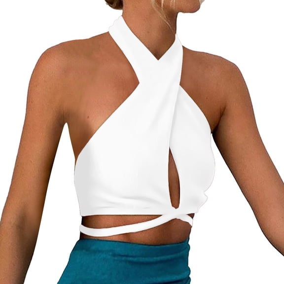 MDUKONU Women Casual Solid Vest Tank Shirt Sleeveless Slim Halter Neck Backless Tops Size: M White