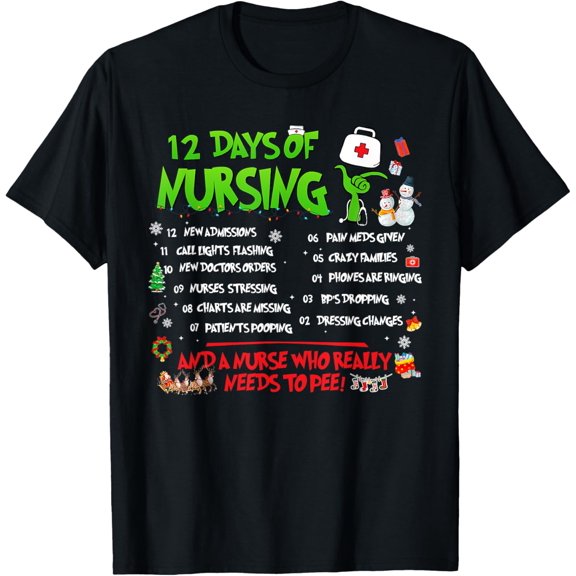 Premium model-Unisex-100% cotton-Nurses Merry Christmas Funny 12 Days of Nursing Xmas Pajamas T-Shirt