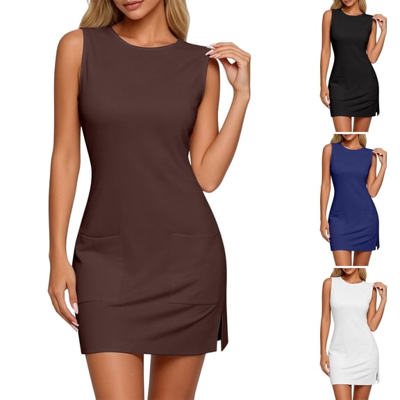 Tqcoqu Womens Tennis Dresses with Pockets,Crew Neck Sleeveless Side Slit Golf Athletic Dress,Black Women's S-XXL