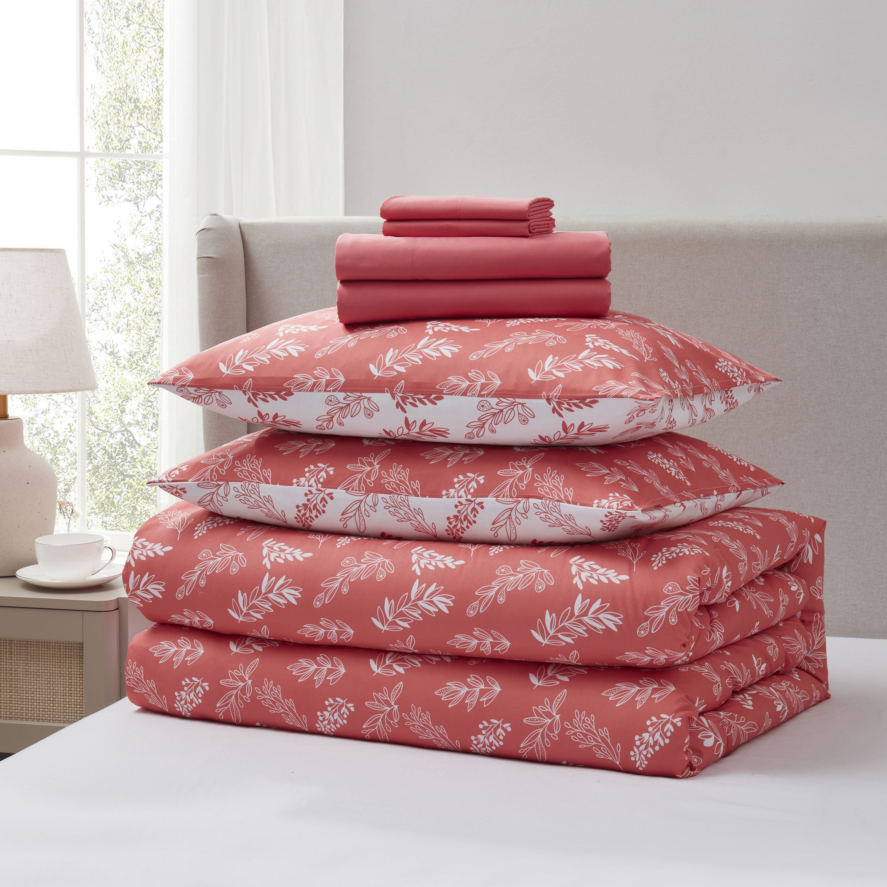 LammaLoe King Size Comforter Set, 7 Piece Botanical Bed in a Bag , Reversible Bedding Comforter Set with Sheets, Modern Bed Set, Flamingo Pink/Cloudstone