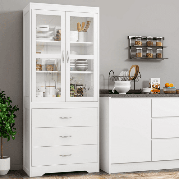 Homfa 66.5" Kitchen Pantry Glass Storage Cabinet with 3 Drawer & Shelves, White