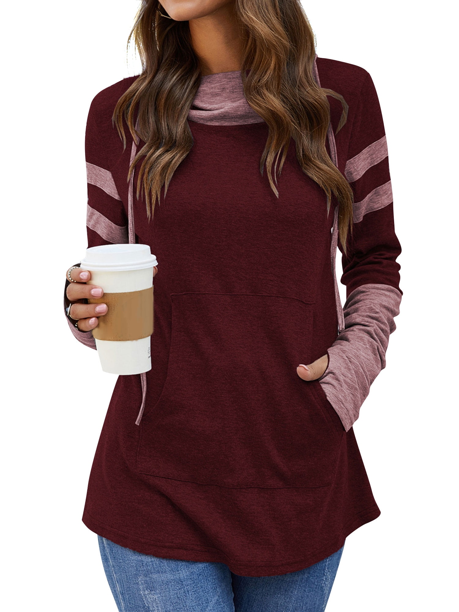 Nlife - Women Colorblock Cowl Neck Hooded Pocket Sweatshirt - Walmart ...