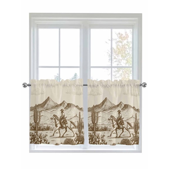 Beige Western Farmhouse 2 Panel Kitchen Curtains for Small Windows, Vintage Cowboys Cactus Bathroom Tier Curtain, Short Window Treatment for Bedroom/Living Room 55"x36"