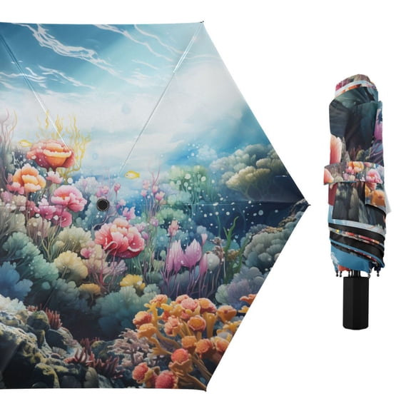 Various Flowers and Sky Compact Sun Umbrella Windproof Travel Umbrellas for Rain Strong Portable UV Protection