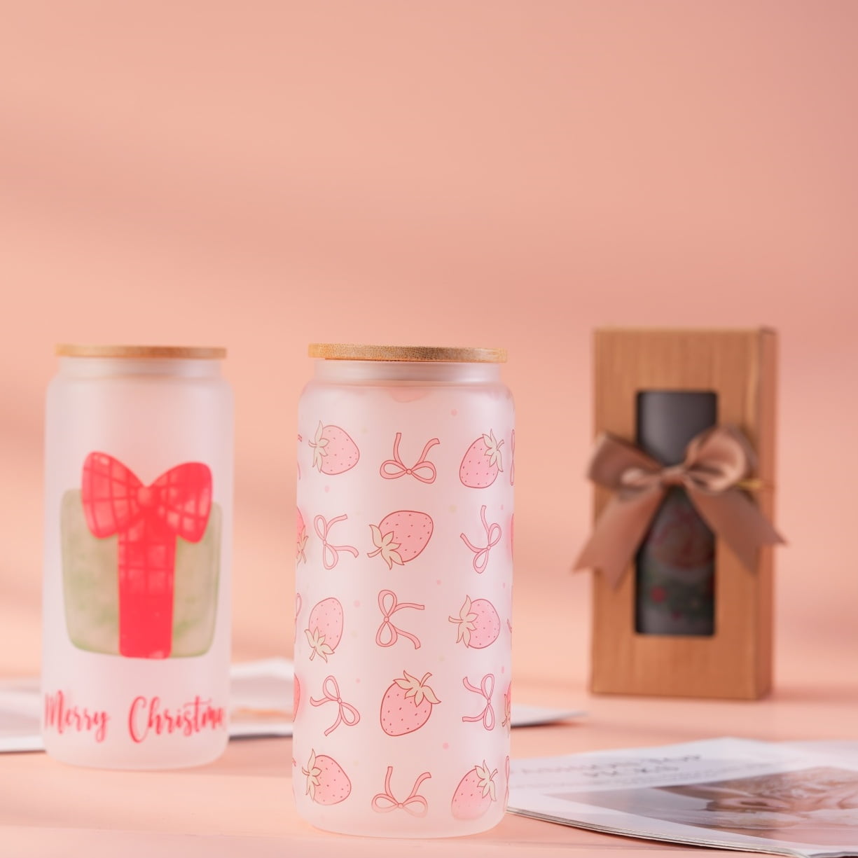 Adnoom 6 Pack Sublimation Tumblers, 20oz Sublimation Glass Blanks w/ Bamboo Lid, Frosted Glass Cup for Iced Coffee Juice Soda Drinks DIY Gifts