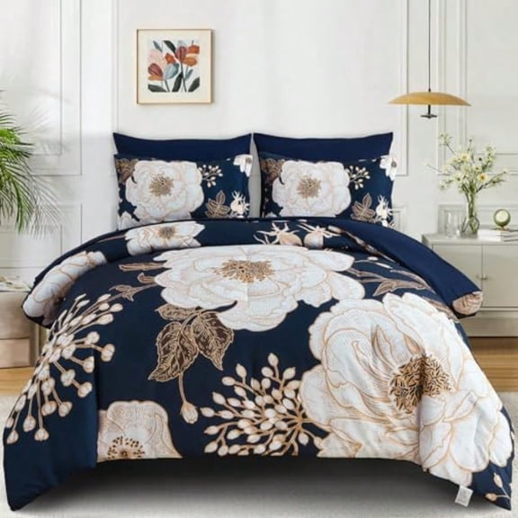 Floral King Comforter Set 7 Pieces Bed in a Bag White Flower Print on Navy Blue Bedding Set Soft Reversible Comforter with Sheet Set 104x90