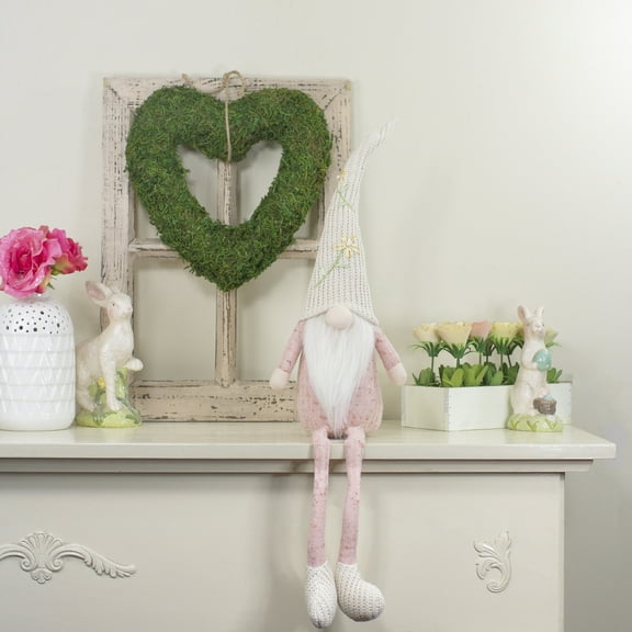 Northlight Sitting Spring Gnome Figure with Floral Knitted Hat - 29" - Pink and Cream