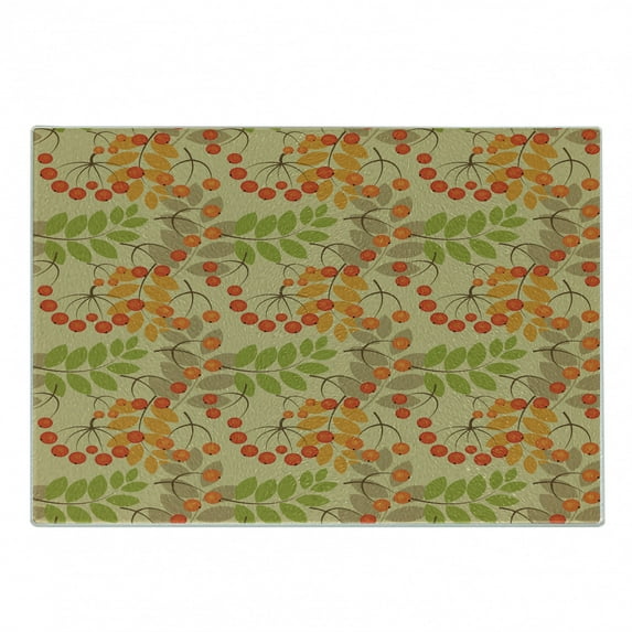 Rowan Cutting Board, Vivid Colorful Graphic Pattern of Rural Foliage Fruits in Autumn Season Warm Colors, Decorative Tempered Glass Cutting and Serving Board, Small Size, Multicolor, by Ambesonne