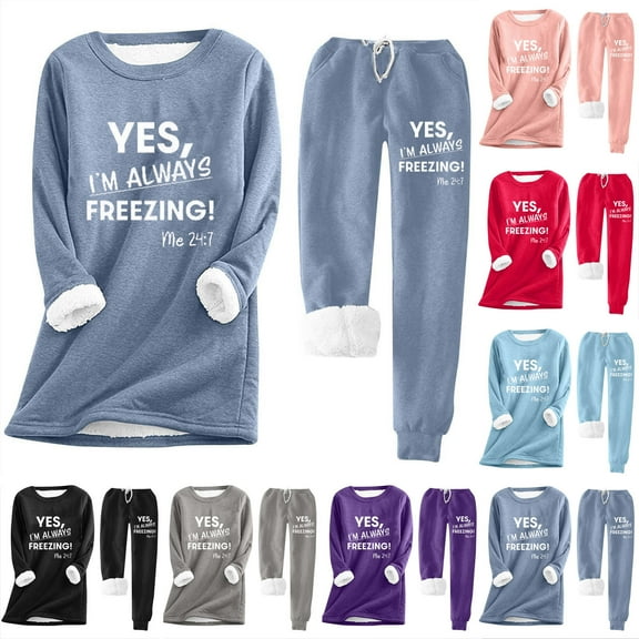 FRSASU Yes I'm Still Freezing Me Womens Fall Winter Pajama Sets 2 Piece Loungewear Fuzzy Fleece Lined Sweatshirt Suit Red
