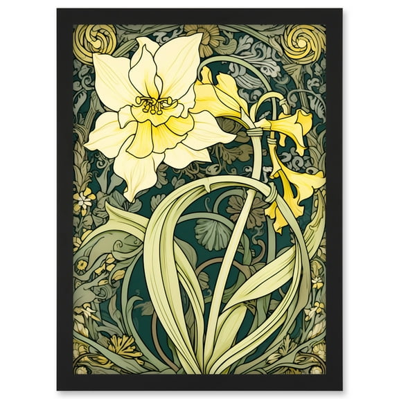 Yellow Daffodil Flower Watercolour Art Nouveau Artwork Framed Wall Art Print A4