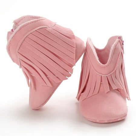 

SAYOO Newborn Girl Tassel Boots Flat Bottomed Pure Color Zipper Closure Mid-High Shoes Casual Soft Sole Shoes