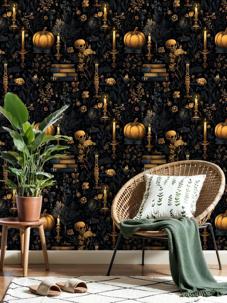 Peel and Stick Wallpaper Vintage Candlelit Pumpkin Books Floral Skeleton Botanicals Wall Mural 23.6in x 9.8ft Self Adhesive Removable Wall Paper Renter Friendly Wallpaper for Bedroom Cabinets