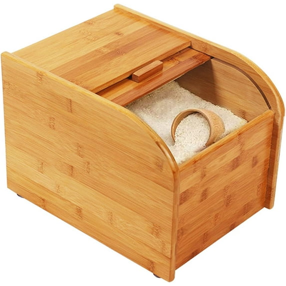 Wooden Rice Container Storage Rice Dispenser Rice Storage Containers with Sliding Lid and Measuring Cup ,Large Wooden Cereal Dispenser Bamboo Rice Dispenser for Dry Food in Home and Kitchen