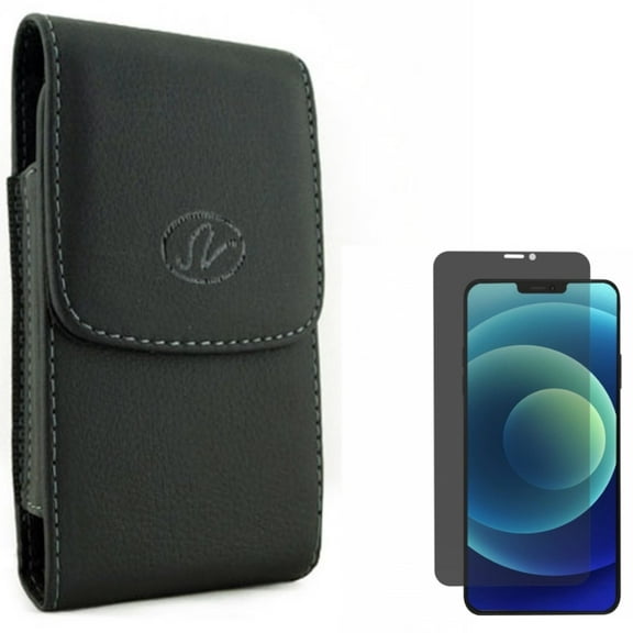 Case Belt Clip & Privacy Screen Protector for iPhone 12 Pro Max - Combo with Leather Holster Cover Pouch & Tempered Glass Curved Anti-Spy Anti-Peep