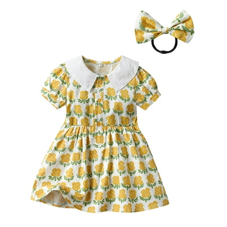 

Girls Dresses Short Sleeve Fashion Dress Casual Print Yellow 90