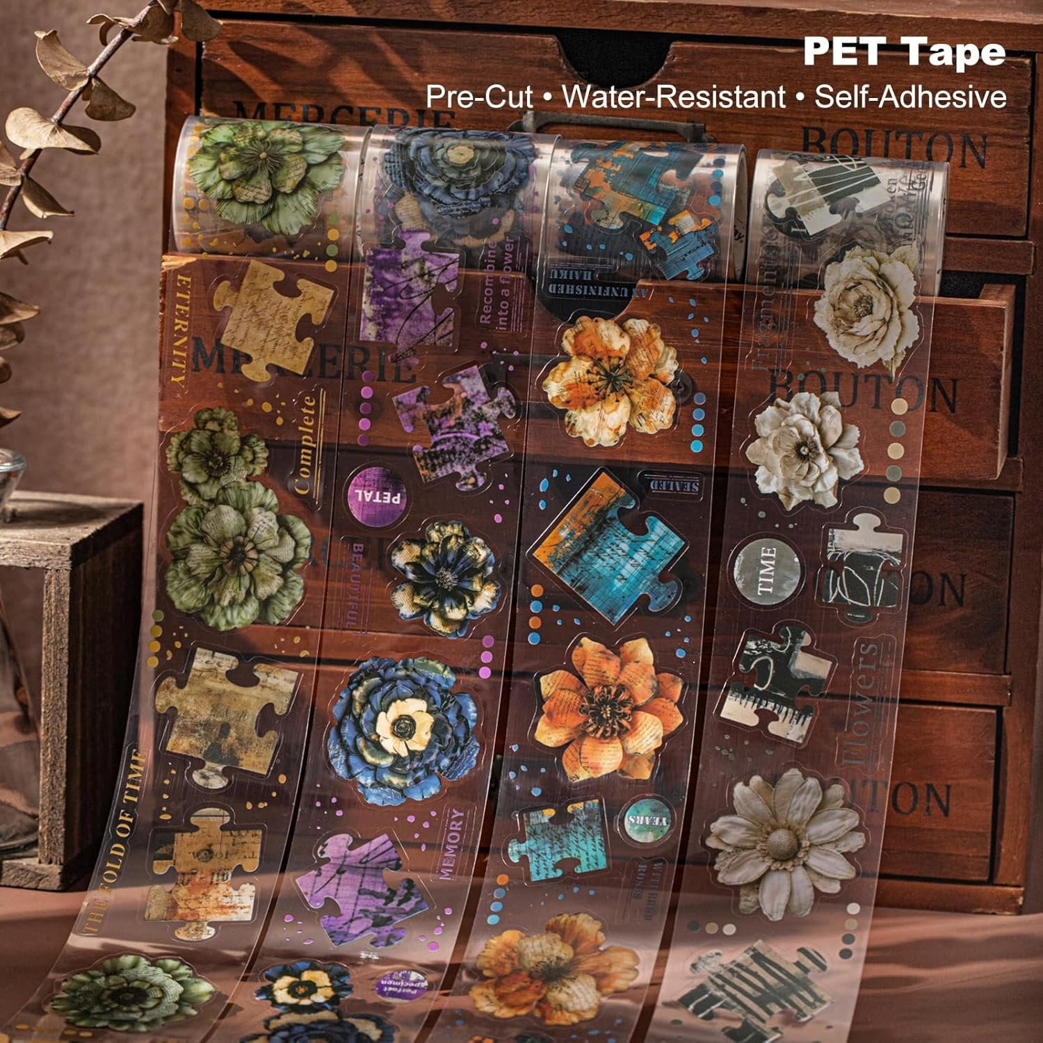 6-Roll Puzzle  Floral PET Tape Set - Pre-Cut Transparent  Collage Flower Stickers for Scrapbooks Journals Planners Cards & DIY Craft Decoration