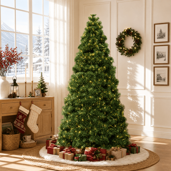 Roomisland 4.5ft Artificial Christmas Tree Pre-lit with 120 Warm LED Lights, 347 Branch Tips, Hinged Easy Assembly & Sturdy Stand – Snowy Holiday Decor for Home Office