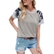 thumbnail image 3 of Mujer Cuello Redondo Top Camisa De Manga Corta Empalme A Rayas Impreso Top Verano Causal Blusa Gris M, 3 of 6