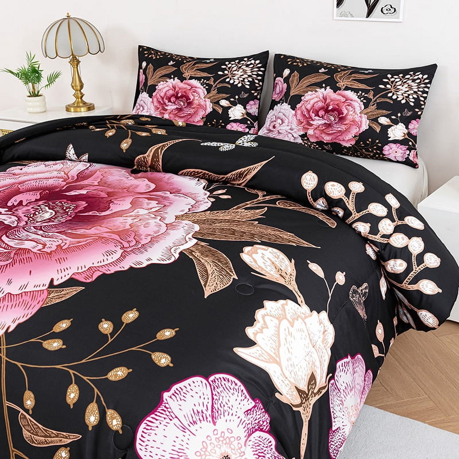 URBONUR 3 Pieces Black Pink King Size Bedding Set Floral Comforter Set Pink Flowers and Gold Butterfly Bed Set for Women Soft Botanical Bedding Comforter Set for All Season