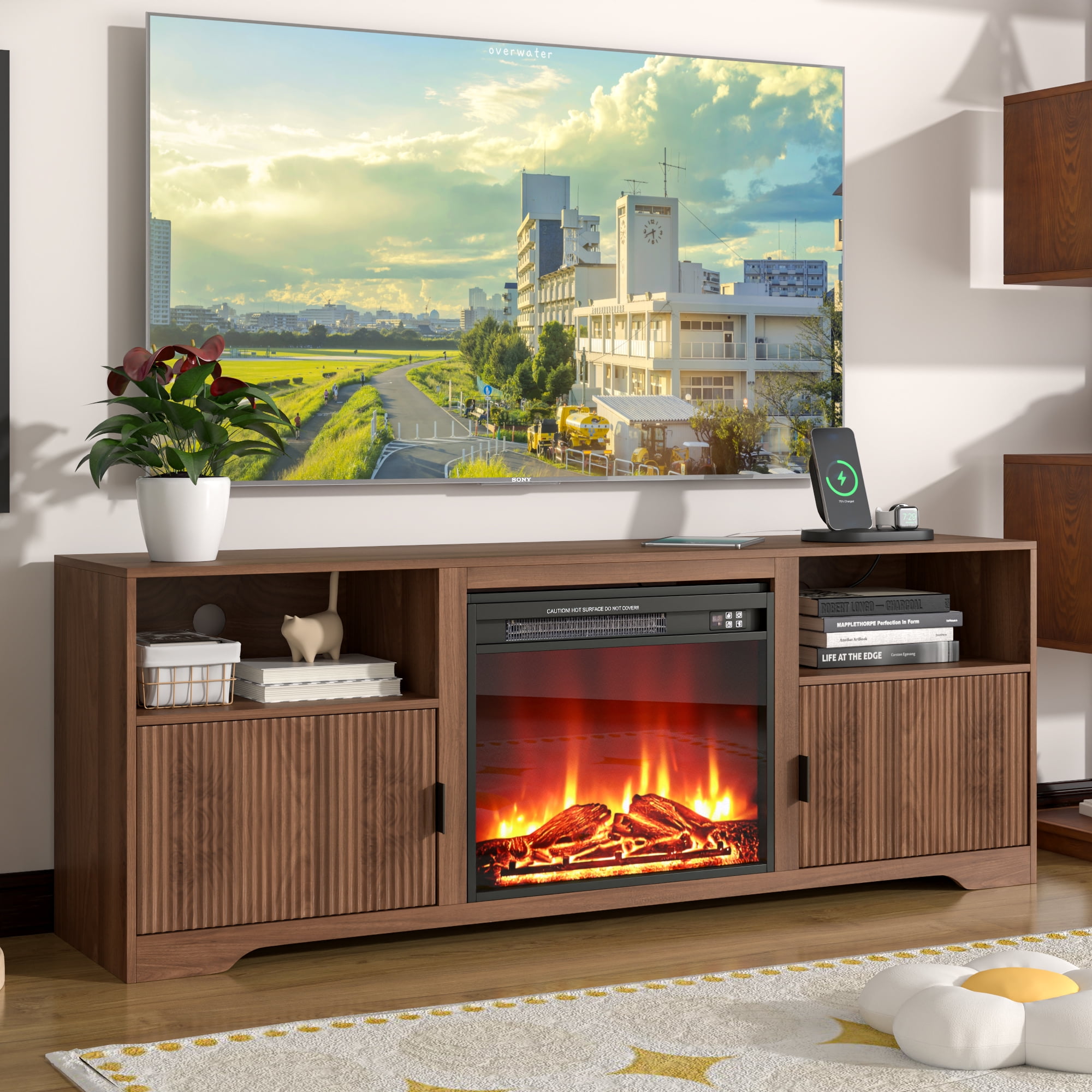 LUCKYELF Fireplace TV Stand, Entertainment Center for TVs up to 80", Wood Media Console for Living Room, Bedroom, Walnut
