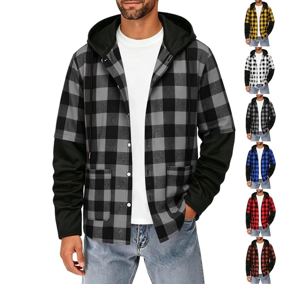 Plaid Hoodie Dqueduo Men's Flannel Plaid Long Sleeve Button Down Turn-Down Collar Brushed Lightweight Checkered Shirt Jacket Black XL