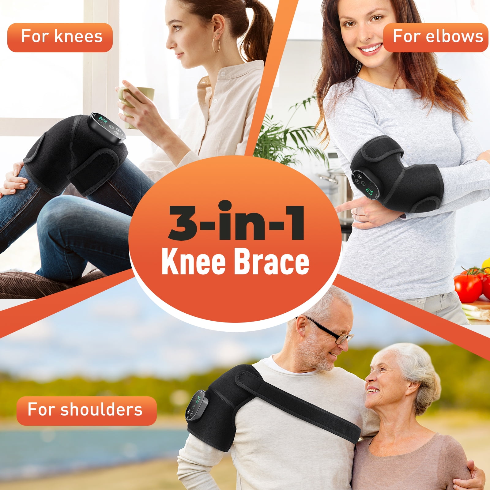 Cordless Heated Knee Massager with Vibration, Heated Knee Brace Wrap, Heating Shoulder Brace Support Wrap for Knee Elbow, Heating Pad with 6 Heating Levels, 3 Massage Modes&Timer(Gray)