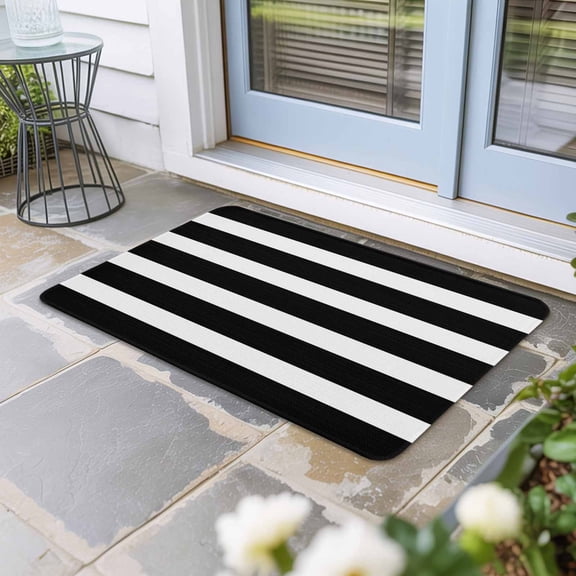 Black Striped Door Mat Indoor Outdoor, Modern Simple Monochrome Geometric White Non Slip Welcome Mat with Rubber Backing, Absorbent Fabric Front Door Mats Entryway Rug for Home Patio Entrance 16"x24"