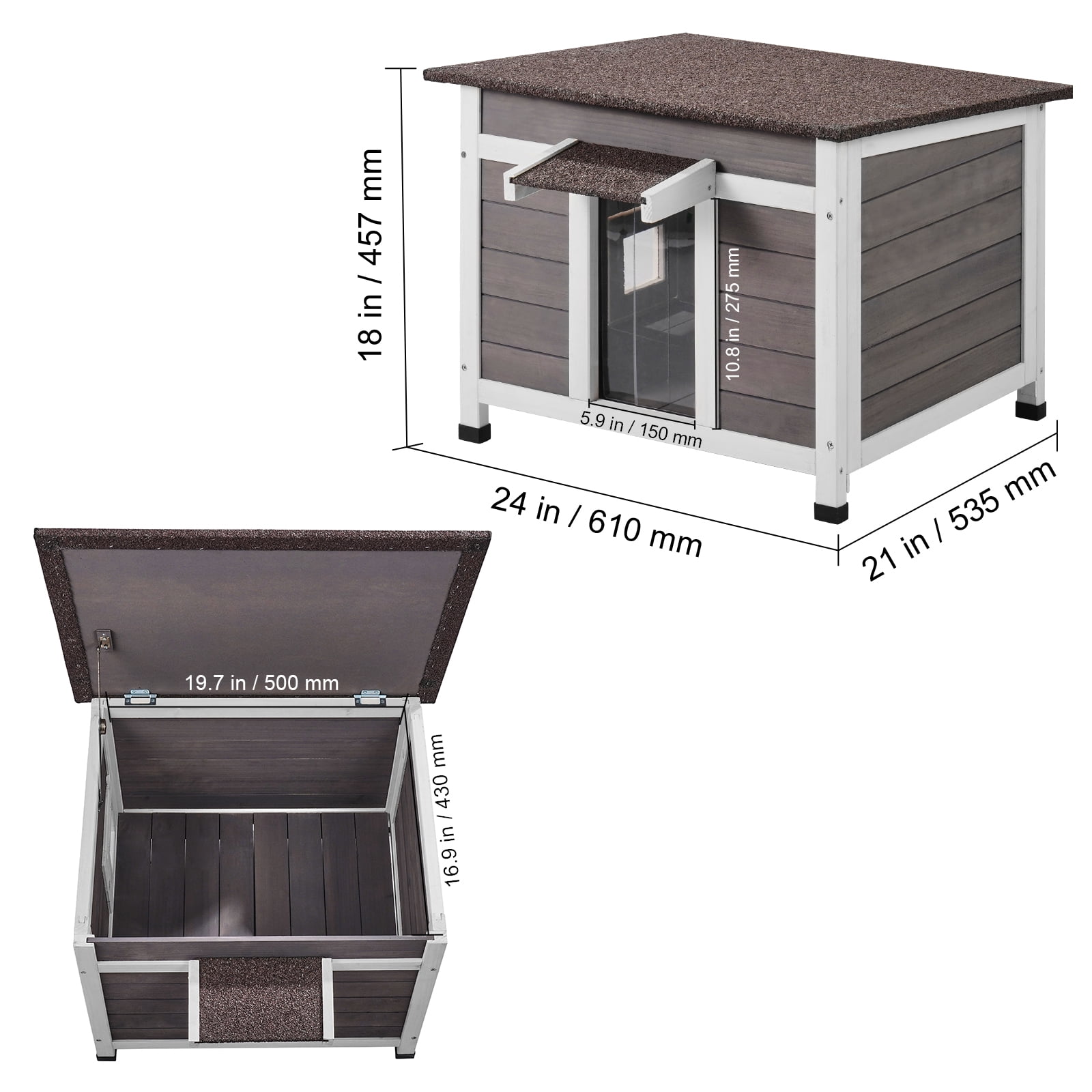 VEVOR Outdoor Cat House Weatherproof, Feral Cat Shelter for Multiple Cats, Outdoor Wooden Cat Rabbit House with a Window, Open Roof and PVC Door Flaps, 24"L x 21"W x 18"H