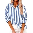 thumbnail image 2 of Women's Striped Button Down Shirt Long Sleeve Casual Linen Blouse Loose Fit Office Work Wear Spring Summer Outfit Dark Blue XL, 2 of 6