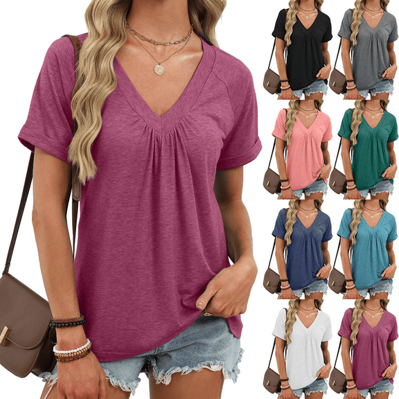 Womens Casual T Shirts V Neck Short Sleeve Tops Solid Color Front Pleated Loose Fit Summer Shirts for Women Blouses Basic Tee