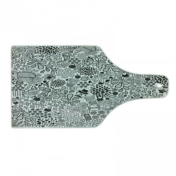 Foliage Cutting Board, Hipster Inspired Abstract Drawing Cupcake Tea Umbrella Leaves and Many Other Shape, Tempered Glass Cutting and Serving Board, Wine Bottle Shape, Black White, by Ambesonne