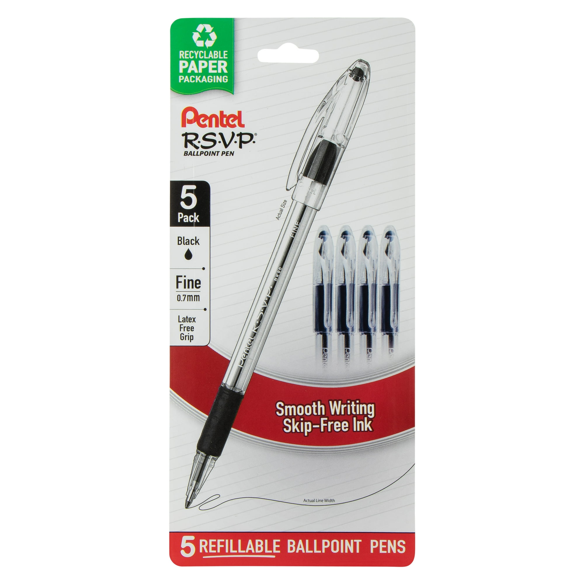 Pentel RSVP Ballpoint Pen, (0.7mm) Fine Line, Black Ink, 5 Pens Per Pack