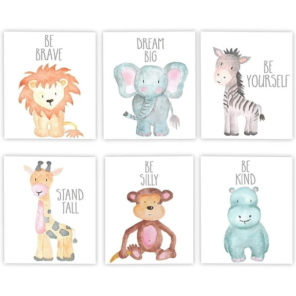 Jungle Safari Animal Canvas Wall Art, Unframed Woodland Animals Art Print Adorable Lion Elephant Giraffe Monkey Zebra Hippo Paintings, Set of 6 8x12 inch Unframed Kids Room Decor