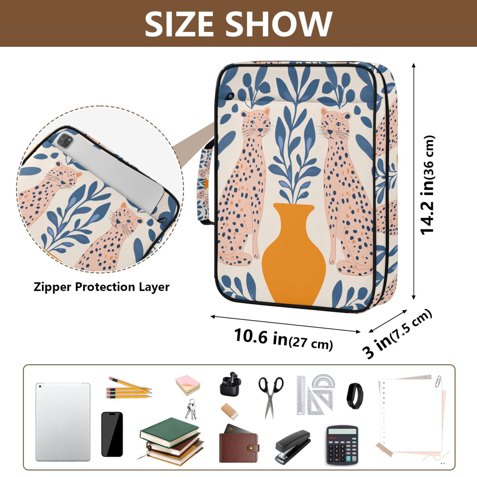 FORMRS Accordion File Folder A4 Size 7-Pocket Expanding Document Organizer Bag with 3 Ring Binder, Leopards Leaves