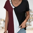 thumbnail image 3 of Camiseta de color en contraste para mujer, camiseta estampada con cuello en V, camisetas de manga corta informales de verano, rojo vino L, 3 of 6