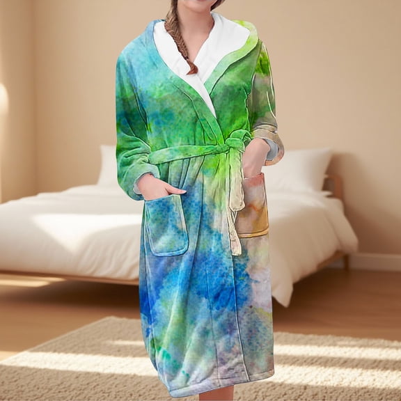 Delayuji Women's Fleece Plush Robe Long Warm Plush Bathrobe Loungewear Printed Comfort Robe Premium Robes for Women