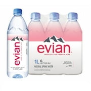 Evian Natural Spring Water, Naturally Filtered Spring Water, 1l Plastic Bottle, 6 Pack