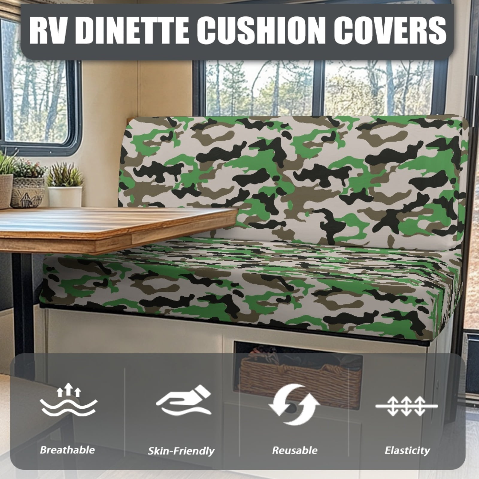 Kuiaobaty Camouflage Green Pattern Washable RV Dinette Cushions Covers Universal Fit RV Camper Car Bench Camper Cushion Slipcovers Rv Couch Cover Home & Kitchen Accessories