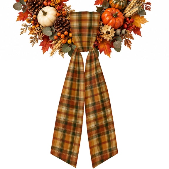 Buffalo Plaid Fall Wreath Sash for Front Door, Christmas Fall Ribbon for Wreaths, Thanksgiving Orange Brown Autumn Harvest Wreath Sashes Scarf, Decorative Holiday Garland Accessories