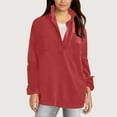 thumbnail image 2 of YOIAVAIOY Women's Solid Polo Sweatshirt Oversized Casual Pullover Sweatshirts Fall Fashion Stand Collar Tops with Pockets Red M, 2 of 10