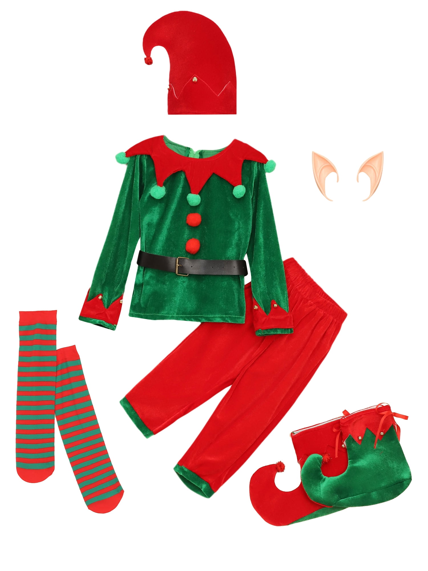 Haitryli 7Pcs Kids Christmas Elf Outfits Xmas Elves Party Santa Litter Helper Fancy Dress Up Set Green 140